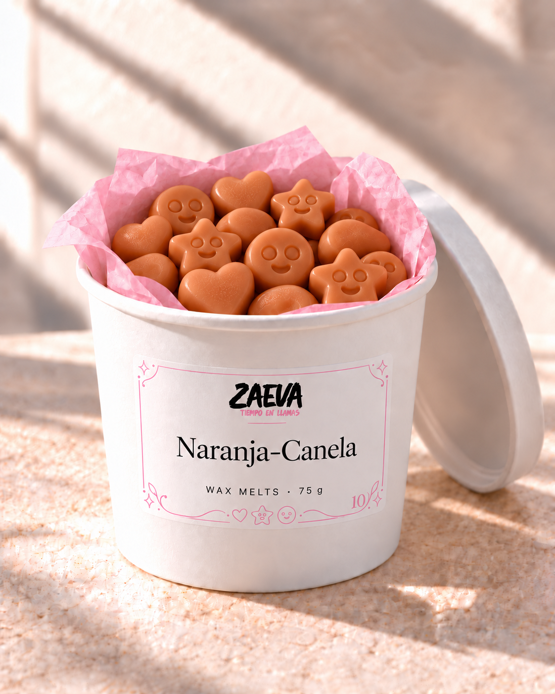 Wax melts Naranja y Canela de ZAEVA en su envase de 75 g con etiqueta