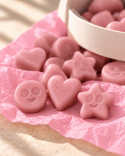 Detalle de los wax melts Rosa de ZAEVA: corazones, estrellas y caritas de cera de soja