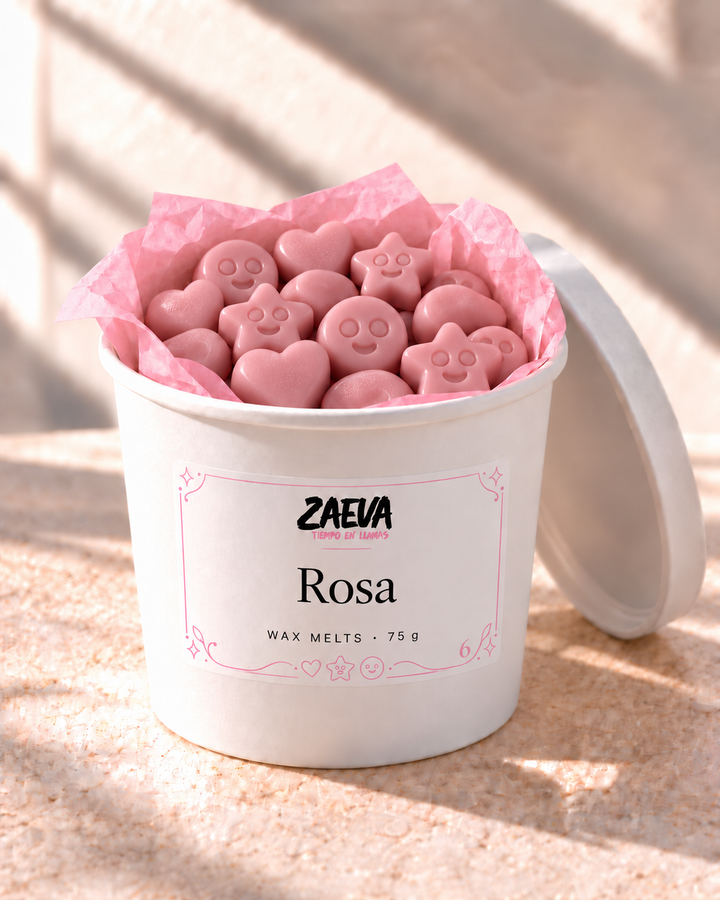 Wax melts Rosa de ZAEVA en su envase de 75 g con etiqueta