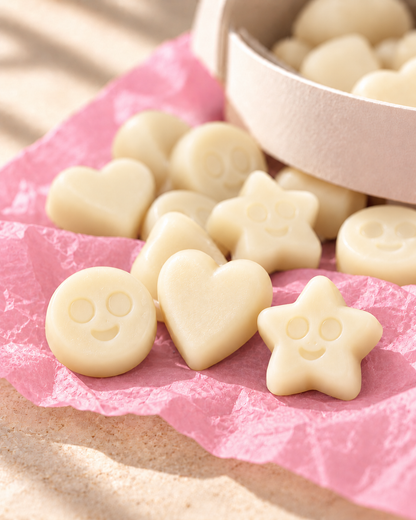 Detalle de los wax melts Vainilla de ZAEVA: corazones, estrellas y caritas de cera de soja