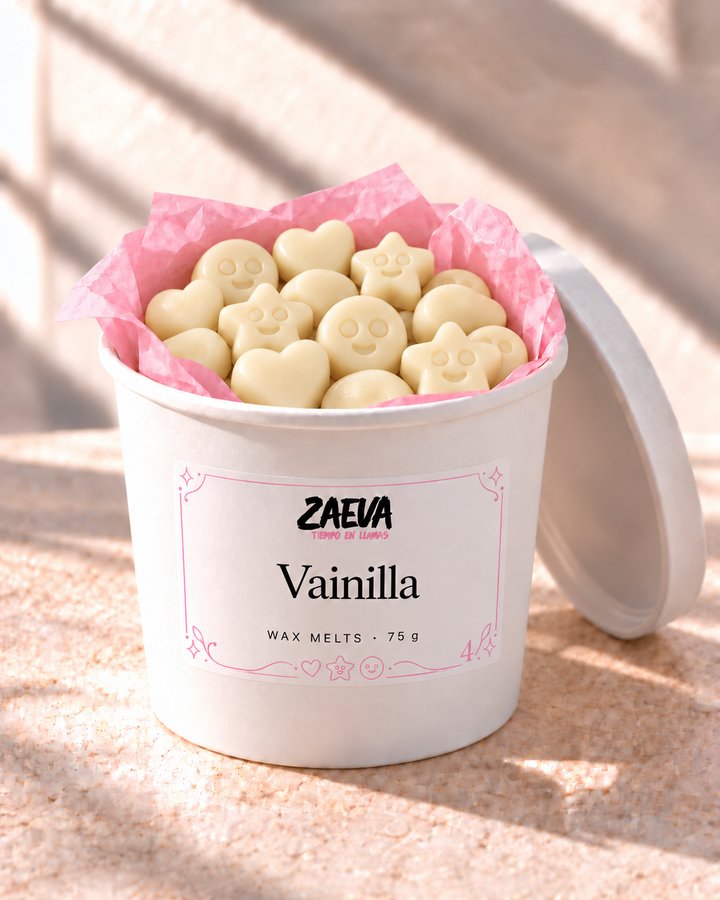 Wax melts Vainilla de ZAEVA en su envase de 75 g con etiqueta