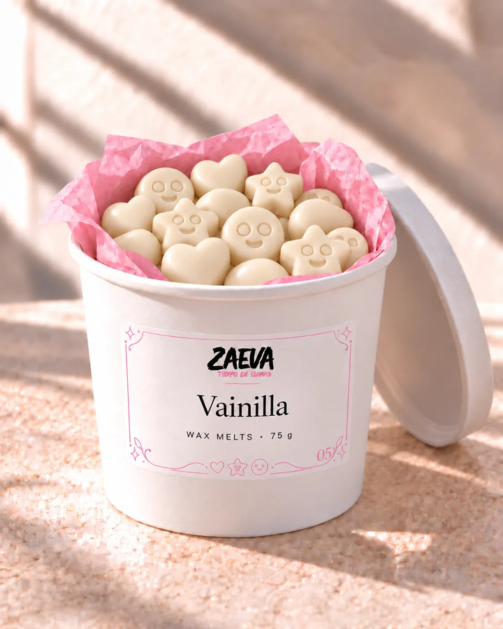 Wax melts Vainilla de ZAEVA en su envase de 75 g con etiqueta