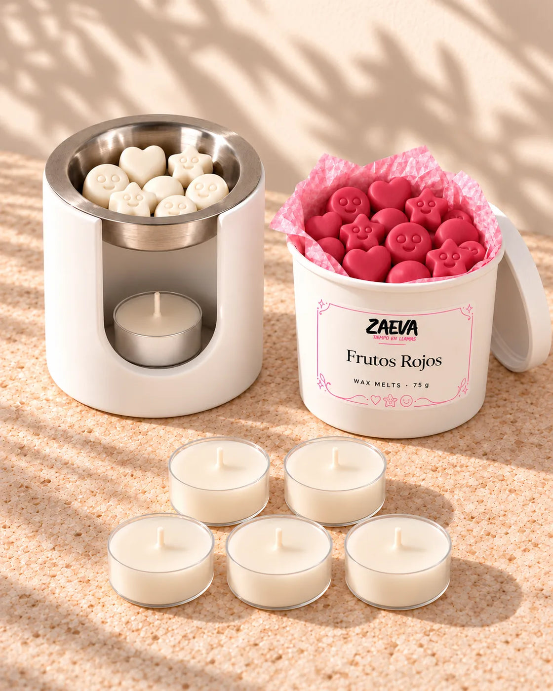 Kit ZAEVA Primer Ritual: quemador Nido blanco con wax melts, tarrina de wax melts Frutos Rojos de 75 g y velas de té de soja