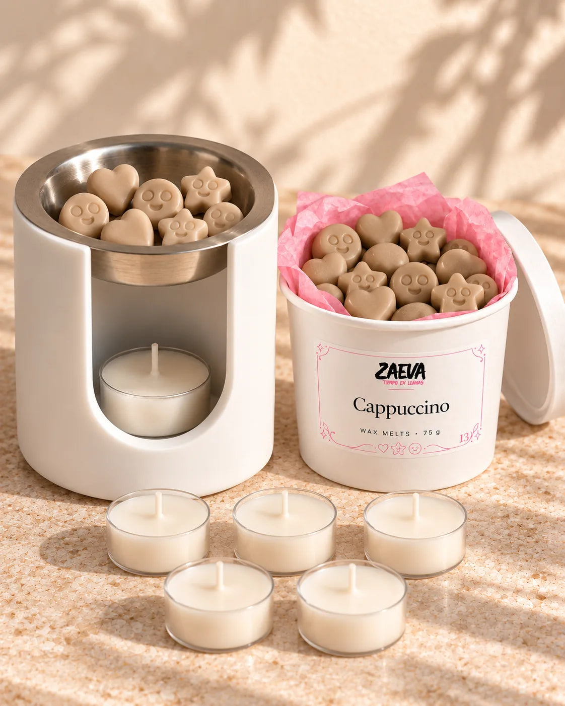 Pack ZAEVA Primer Ritual: quemador Nido, wax melts Cappuccino de 75 g y 6 velas de té sin aroma
