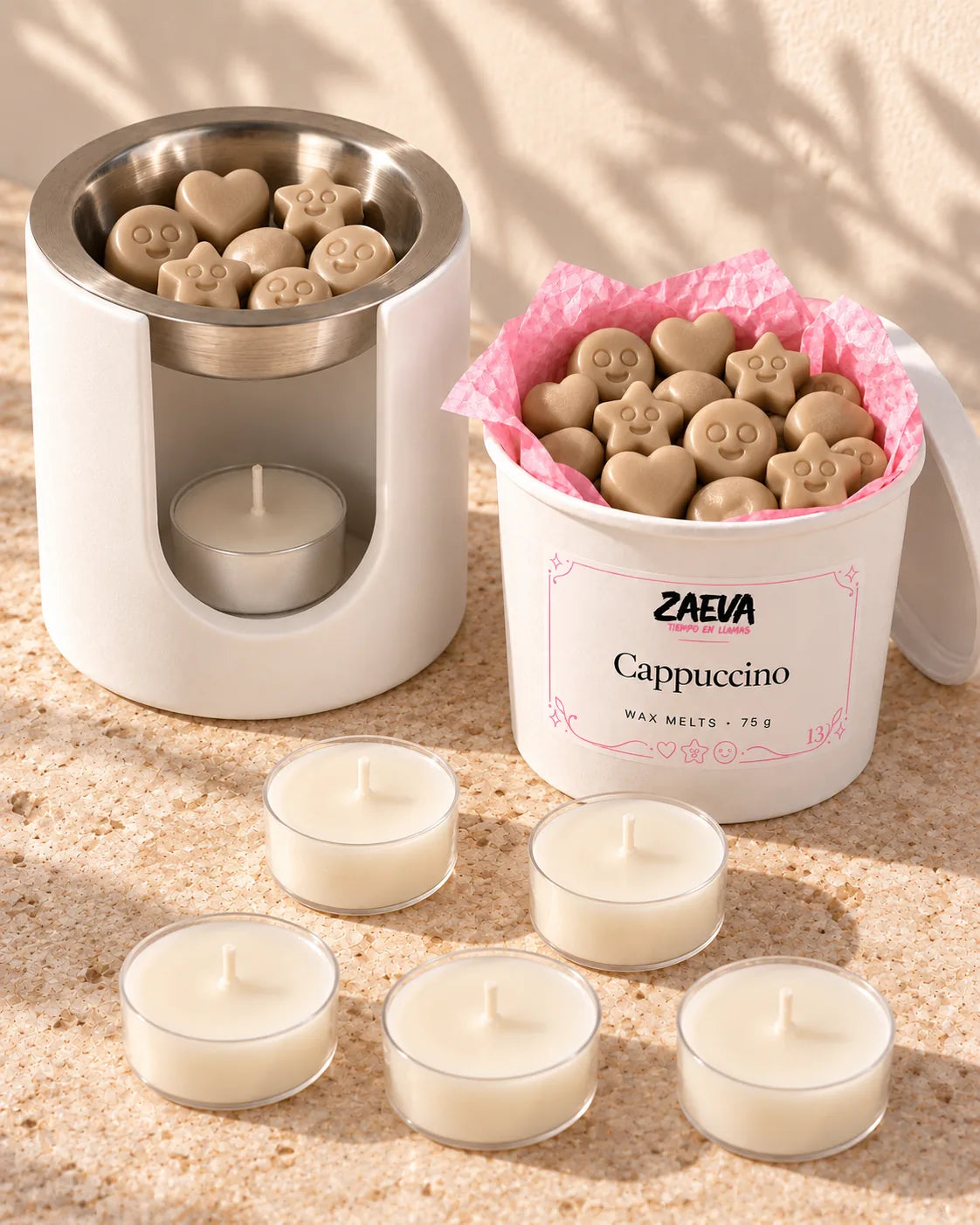 Contenido del pack Primer Ritual: quemador, tarrina de wax melts y seis velas de té