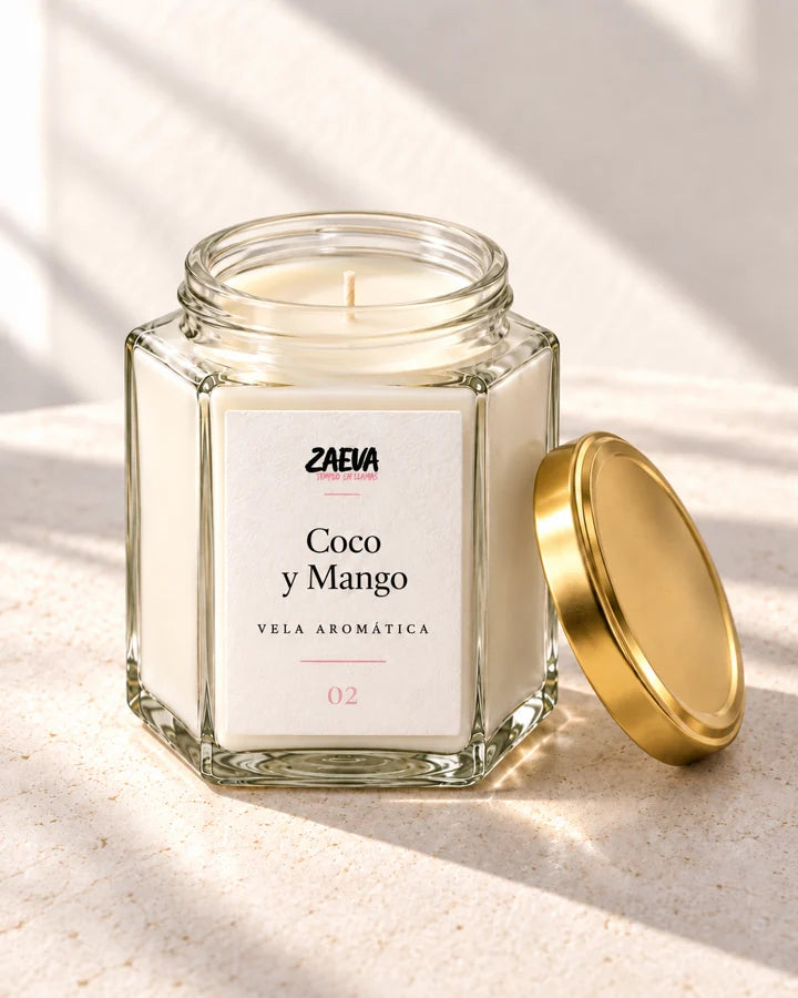 Vela ZAEVA Coco y Mango, segunda vista del envase