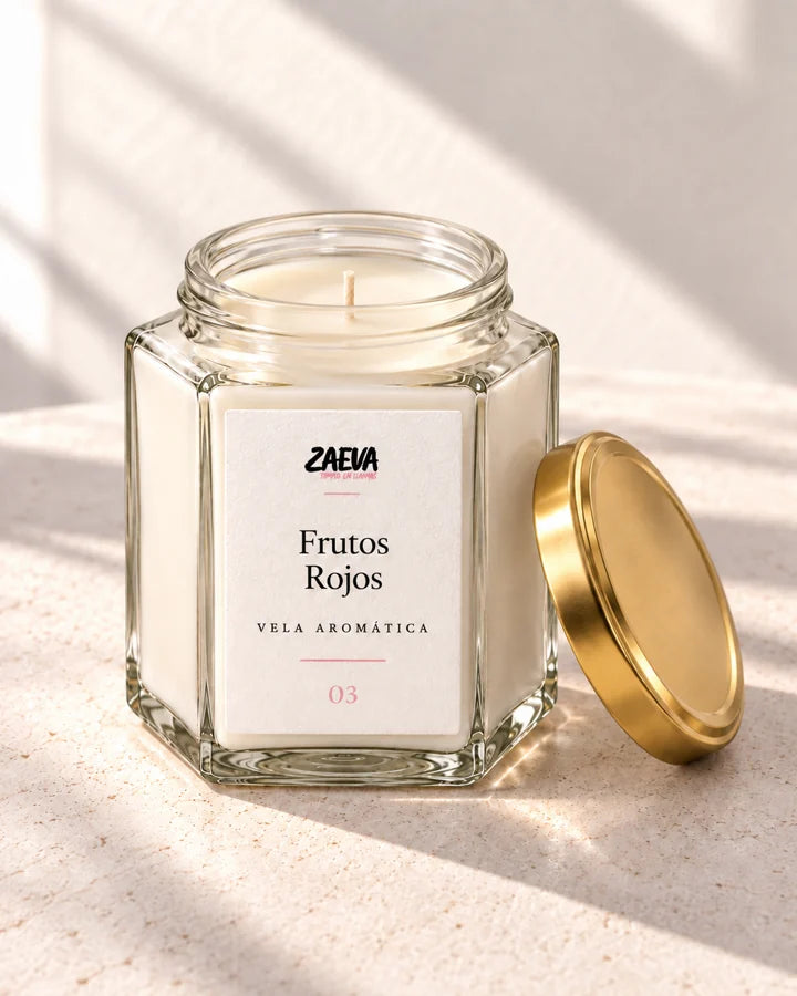 Vela ZAEVA Frutos Rojos, segunda vista del envase