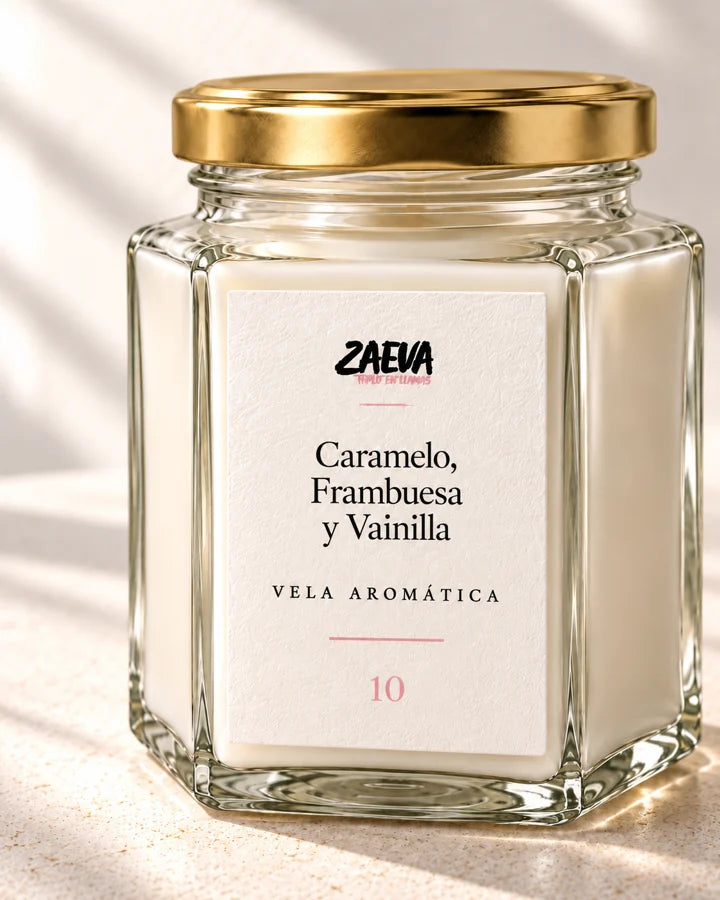 Vela ZAEVA Caramelo, Frambuesa y Vainilla, fotografía de detalle