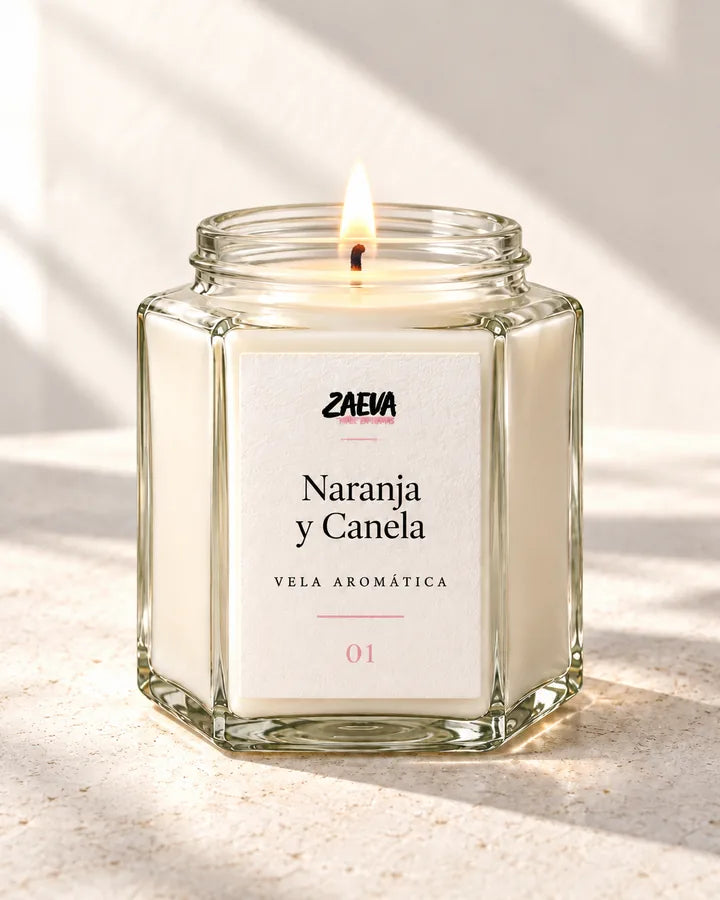 Vela ZAEVA Naranja y Canela, fotografía de detalle